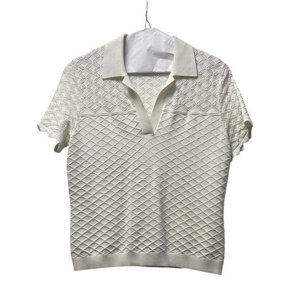 ST. John, White Textured Short Sleeve Polo Shirt, Small - Picture 1 of 14